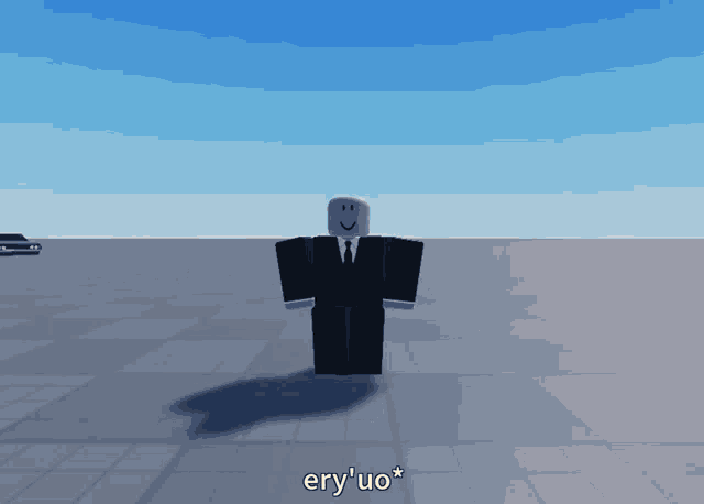 a person in a suit and tie is standing in front of a car that says ery 'uo *
