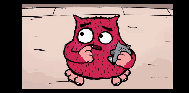 a cartoon of a red monster holding a blue cat with bbc written on the bottom right