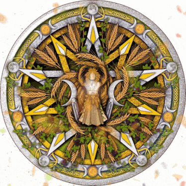 a circular design with a woman in the center