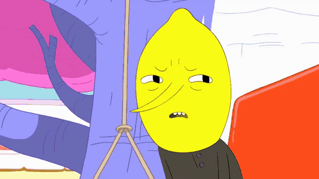 a cartoon character with a lemon head and a black shirt