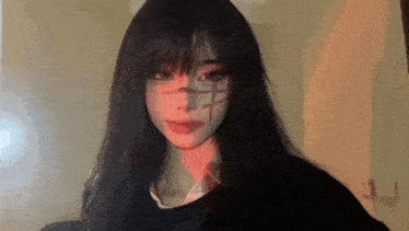 a girl with long black hair and bangs is looking at the camera with a shadow on her face .