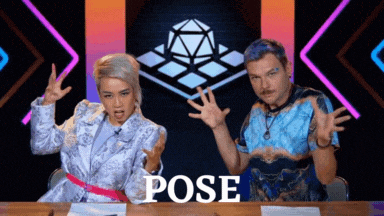 a man and a woman are sitting at a table with the word pose written on the table
