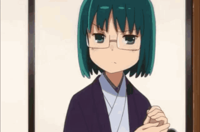 a cartoon girl with green hair and glasses is standing in front of a picture frame
