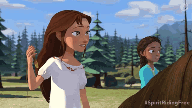 a cartoon of two girls standing next to a horse and the words spirit riding free