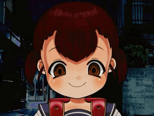 a cartoon girl with red hair is smiling in a dark alley