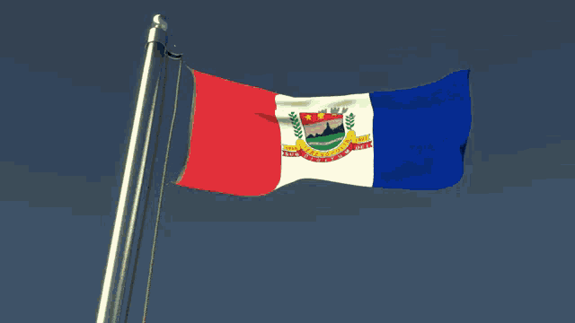 a red white and blue flag with a coat of arms in the middle