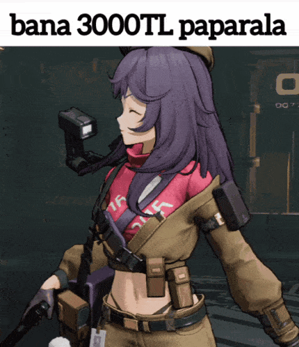 a girl with purple hair is holding a gun with the words bana 3000tl paparala on the bottom