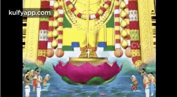 a statue of a deity is sitting on top of a pink lotus flower in a temple .