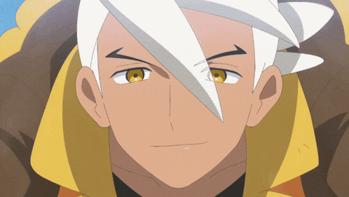 a man with white hair and yellow eyes looks at the camera