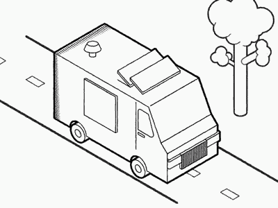 a black and white drawing of a rv driving down a road next to a camera .