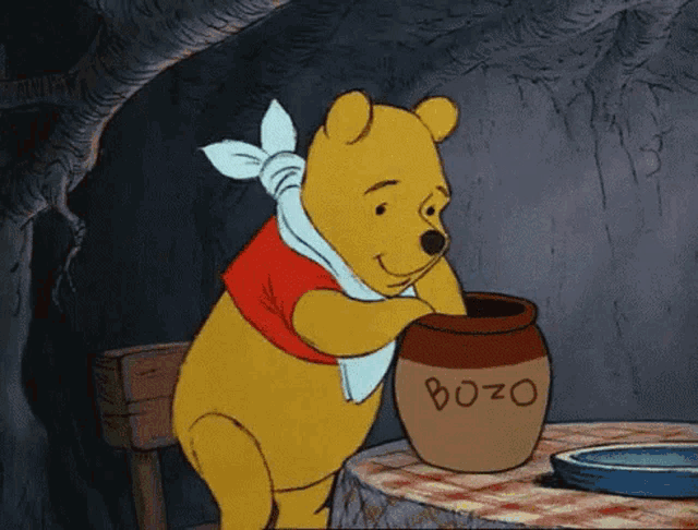 a cartoon of winnie the pooh holding a jar that says bozo on it