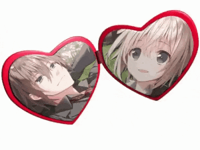 a boy and a girl are reflected in two heart shaped mirrors .