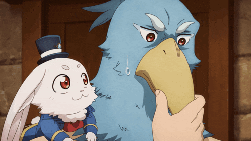 a blue bird and a white rabbit with red eyes are standing next to each other