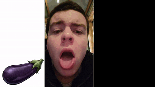 a man with his mouth open and a purple eggplant next to him