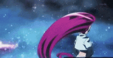 a cartoon character with purple hair is standing in a dark room .