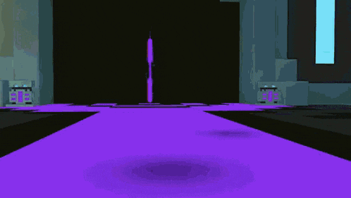a video game scene with a purple floor and a purple light coming out of the door .