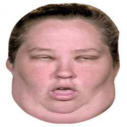 a close up of a woman 's face with a big chin