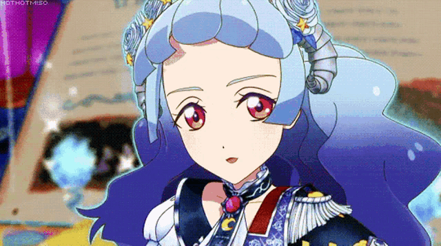 a girl with blue hair and red eyes is wearing a crown