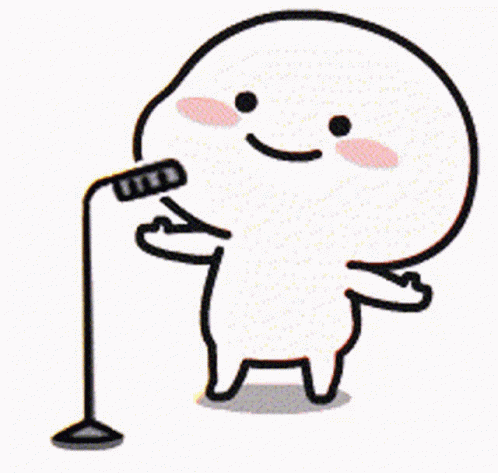 a cartoon character is singing into a microphone and making a surprised face .