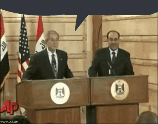 two men standing at podiums with flags in the background and a speech bubble above them that says ap