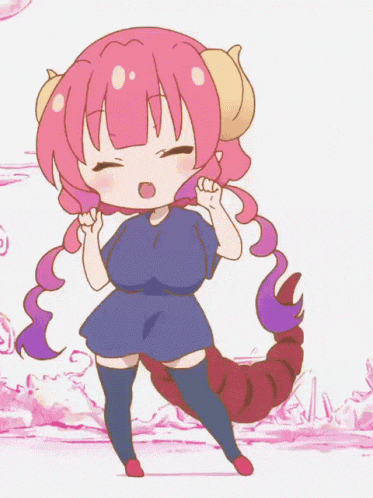 a girl with pink hair and horns is dancing