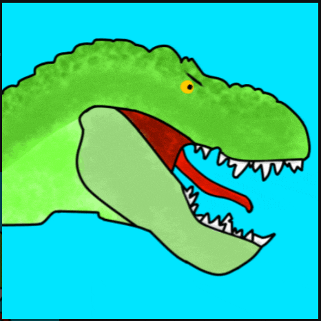 a cartoon drawing of a green dinosaur with its mouth wide open