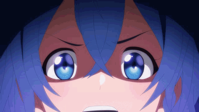 a close up of a girl 's face with blue hair