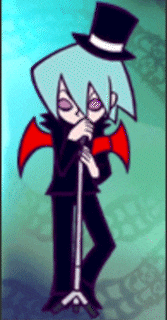 a cartoon character is singing into a microphone while wearing a top hat .