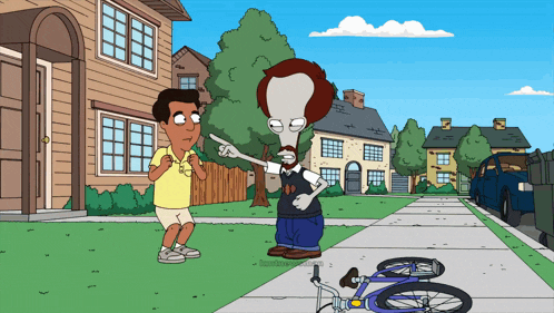 a cartoon of a man pointing at another man with a bicycle in front of him