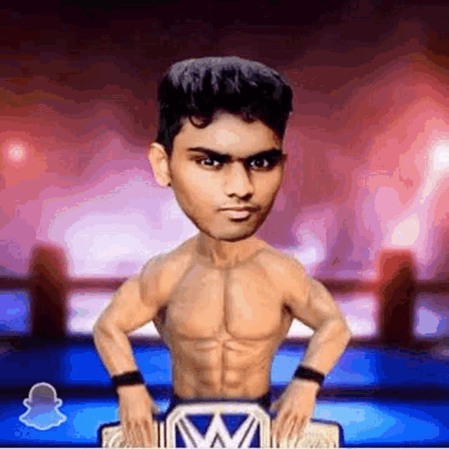 a cartoon of a shirtless man holding a wrestling belt with the letter w on it