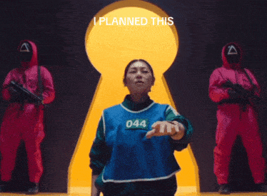 a woman wearing a blue vest with the number 044 stands in front of a keyhole
