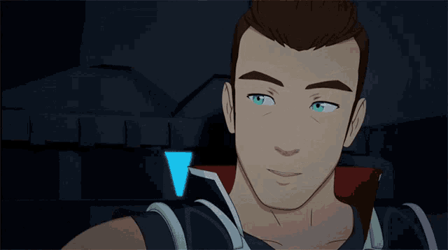 a close up of a cartoon character with blue eyes and brown hair