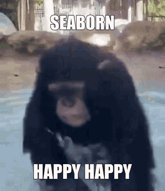 a picture of a chimpanzee with the words seaborn happy happy