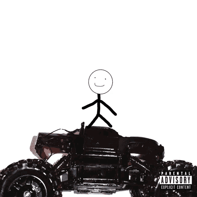 a stick figure is sitting on top of an atv with parental advisory explicit content on the bottom