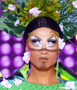 a woman with white eyes and flowers on her head