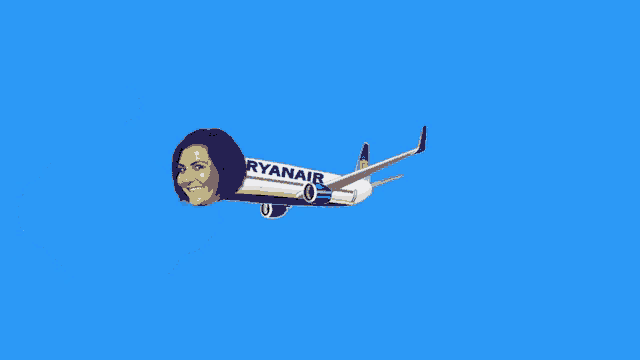 a ryanair plane with a woman 's head on it flying in the sky