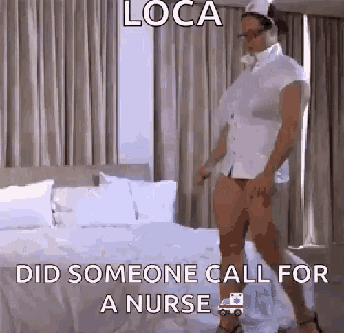 a woman in a nurse costume is walking on a bed .