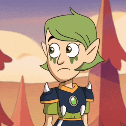 a cartoon character with green hair and horns is standing in a forest