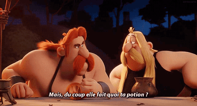 two cartoon characters sitting at a table with the words mais du coup elle fait quoi ta potion below them