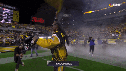 a man in a snoop dogg outfit stands on a field