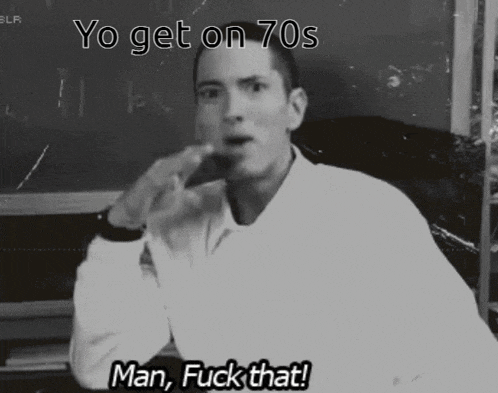a black and white photo of a man saying yo get on 70s