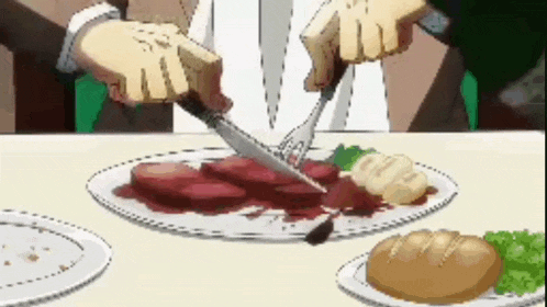 a man is cutting a piece of meat with a knife and fork .