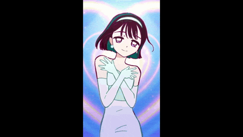 a girl in a white dress is standing in front of a heart with her arms crossed .