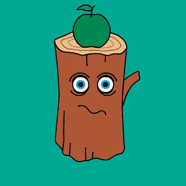 a cartoon of a tree stump with an apple on top and arrows pointing at it