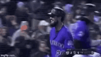 a baseball player in a purple uniform is standing in the outfield .