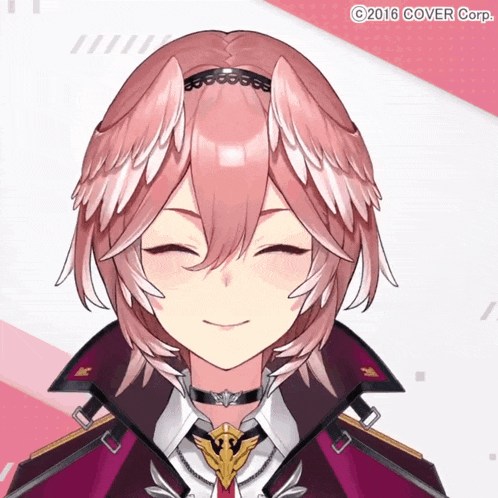 a girl with pink hair and white wings is smiling with a 2016 cover corp. logo on the bottom