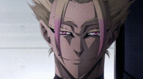 a close up of a cartoon character 's face with a smile on his face and pink eyes .