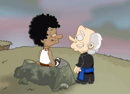 a cartoon of a man sitting on a rock and talking to another man