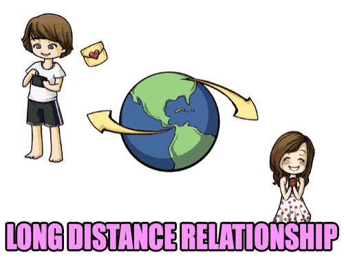 a cartoon drawing of a boy and a girl with the words long distance relationship below them