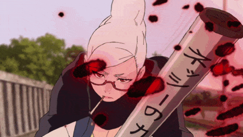 a girl with glasses is holding a tube that says ' a ' on it